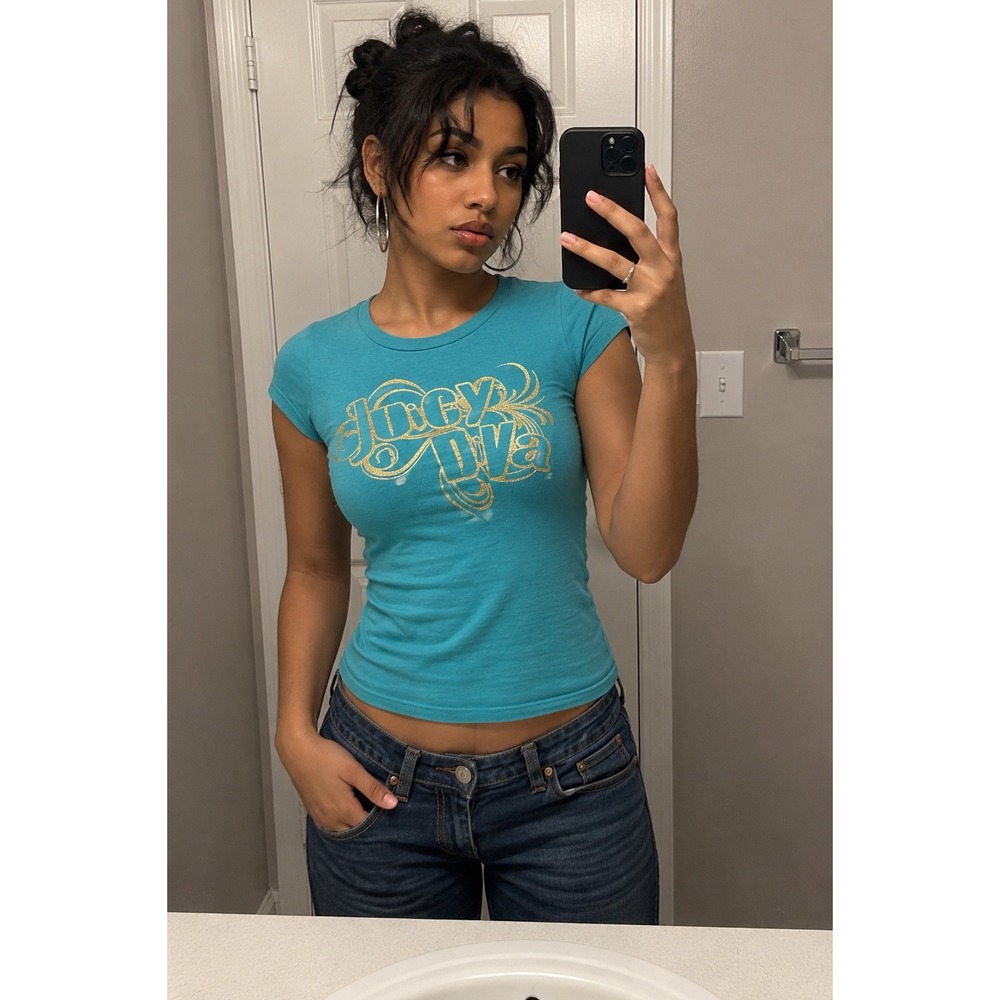 Vintage Juicy Couture Indie Sleaze McBling Women's Baby Tee Y2K Gold Glitter SM
